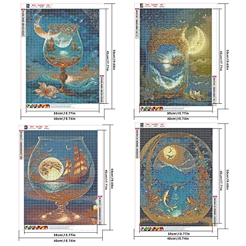 DCIDBEI 4 Pack Diamond Painting Palace 40x50 cm 5D Diamond Picture Art Adult Diamond Painting Seascape in Wine Glass Diamond Painting Landscape in Bottle Sailing Boat Starry Sky Moon Fish The Sea - Image 2