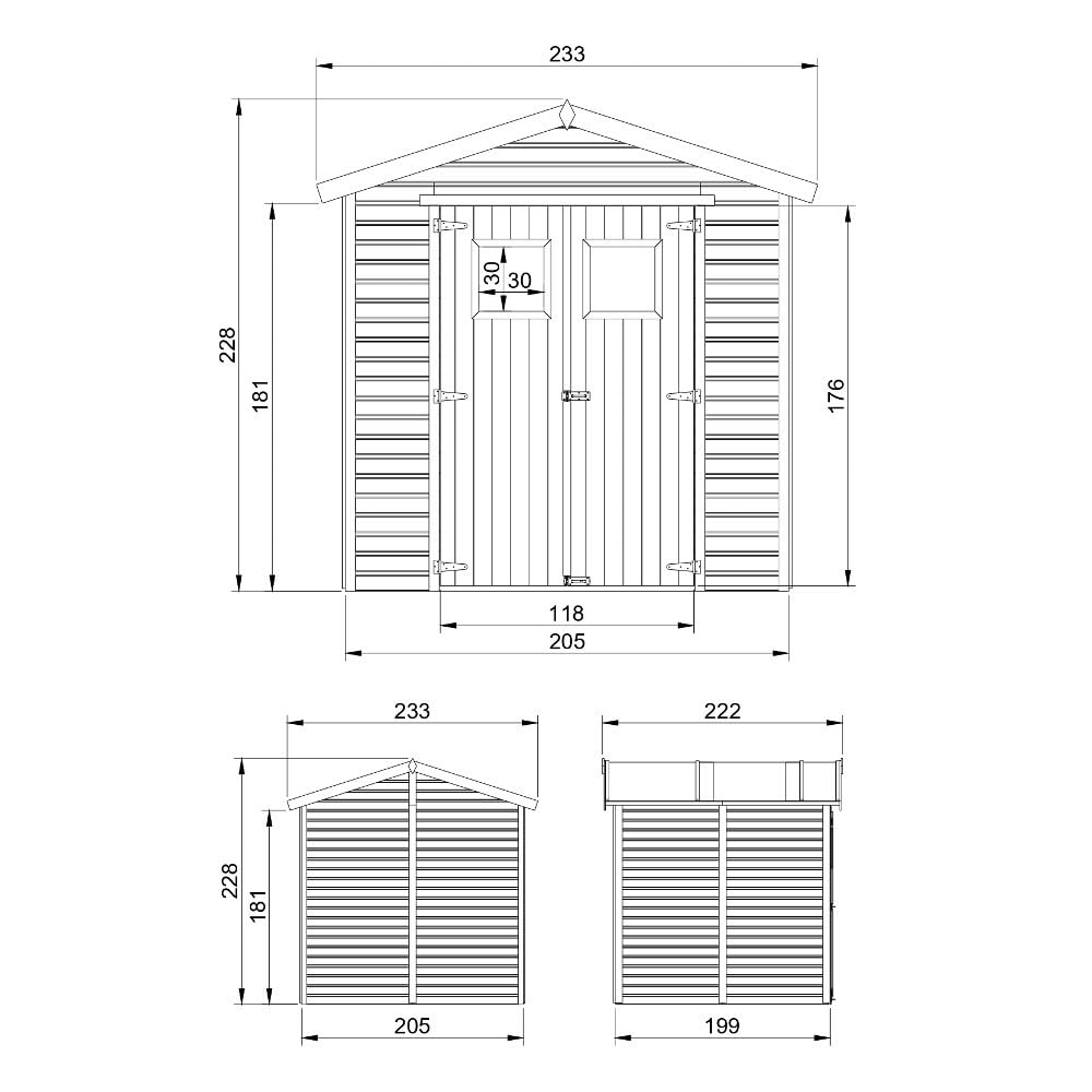 TIMBELA Gartenhaus Holz - Geräteschuppen mit Fenstern - H228x222x233 cm/4,2 m² Naturholz-Shiplap-Schuppen - Gerätehaus - Fahrradschuppen - M351