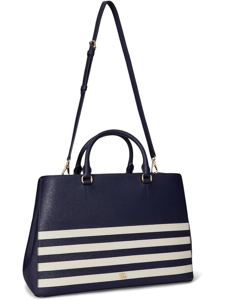 Navy Lauren Ralph Lauren Striped Leather Large Hanna Satchel