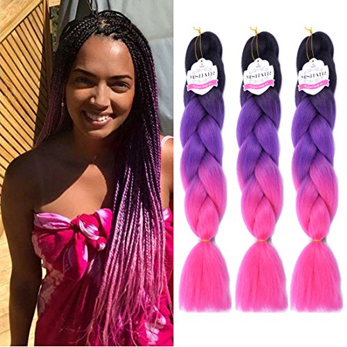 MSHAIR Ombre Jumbo Braiding Hair Extension Synthetic Kanekalon Fiber for Twist Braiding Hair Black/Purple/Hot Pink Color 24 Inch 3 Pieces/lot