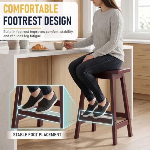 BestOffice Butacos de Barra de 24 Pulgadas, Juego de 2 Unidades, Asiento de Madera con Forma de Silla de Montar, Color Marrón, Diseño para Isla de Cocina y Comedor, Estilo Clásico miniatura 6