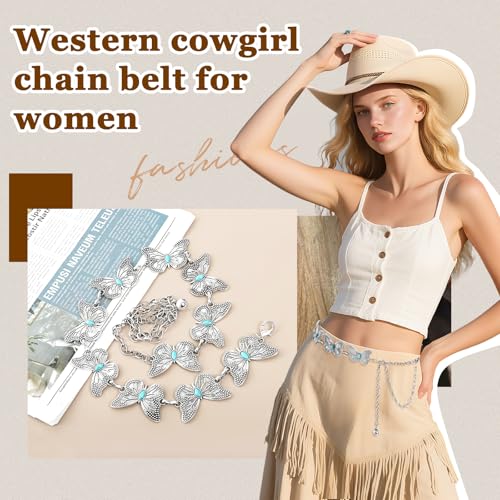 DOCILA Silver Butterflies Western Chain Belt Turquoise Cowboy Hat Band Women Country Jeans Dress Waist Link Belts Western Cowgirl Costume Accessories - image 7