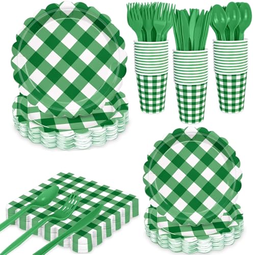 175 PCS Party Plates -Disposable Paper Plates Set for 25 Guests - Tea Party Themed Decorations, Green Plaid Paper Plates,Cups & Napkins for Baby Shower, Birthday,Wedding,Outdoor Picnic (Green Plaid)