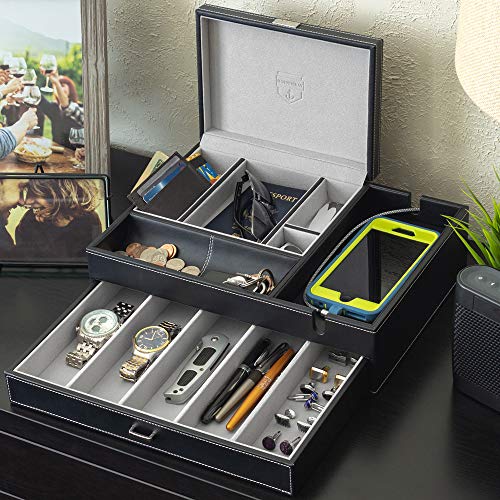 HOUNDSBAY Admiral Dresser Valet Box & Mens Jewelry Box Organizer with Large Smartphone Charging Station (Grey)