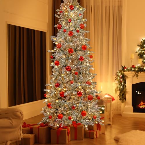 Image of Flocked 7.5 ft Slim Pre-lit Christmas Tree with Warm White Lights, Foldable Metal Stand, Easy Assembly Artificial Tree for Home, Office Decoration
