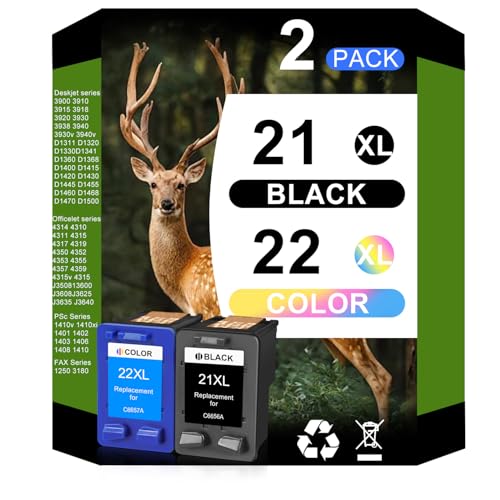 OULADUN Cartucho de tinta remanufacturado 21 22 de repuesto para impresora HP 21 XL 22 XL 21XL 22XL utilizado con HP OfficeJet 5610 4315 J3680 DeskJet F2210 F4180 F300 F335 PSC 1410 (1 negro, 1 color)