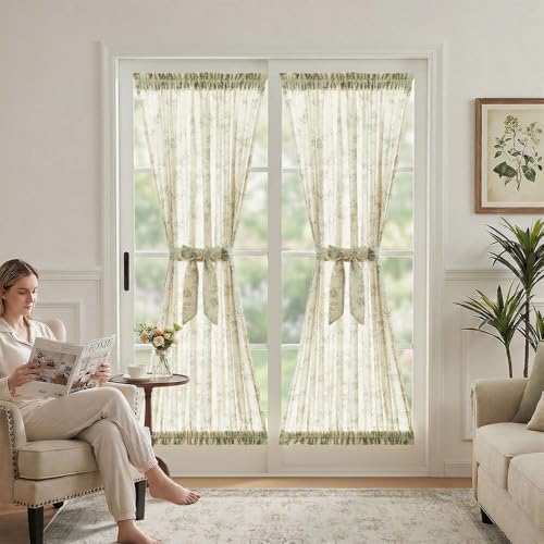 Image of jinchan Floral French Door Curtain Panel Farmhouse Decor Light Filtering Linen with Tie Up Bow for Glass Door or Patio 72 Inch Length Rod Pocket 1 Panel Green on Linen