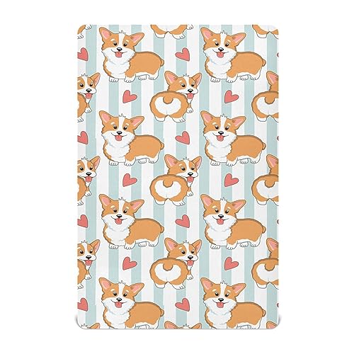 Image of Fitted Crib Sheets Puppy Corgi Dogs Stripes Stretchy Portable Playard Sheets for Baby Toddler, Breathable Soft Mini Crib Mattress 39 x 27 in for Boys and Girls