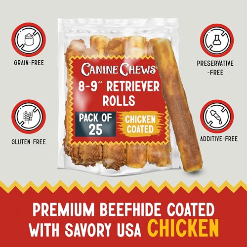 Canine Chews 8-9″ Chicken Coated Dog Rawhide Retriever Rolls (25 pack) – Chicken Rawhide Bones for Large Dogs – 100% USA-Sourced Chicken Coated Dog Rawhide Chews – Healthy Dog Dental Chew Rawhides Canine Chews 8-9″ Chicken Coated Dog Rawhide Retriever Rolls (25 pack) – Chicken Rawhide Bones for Large Dogs – 100% USA-Sourced Chicken Coated Dog Rawhide Chews – Healthy Dog Dental Chew Rawhides