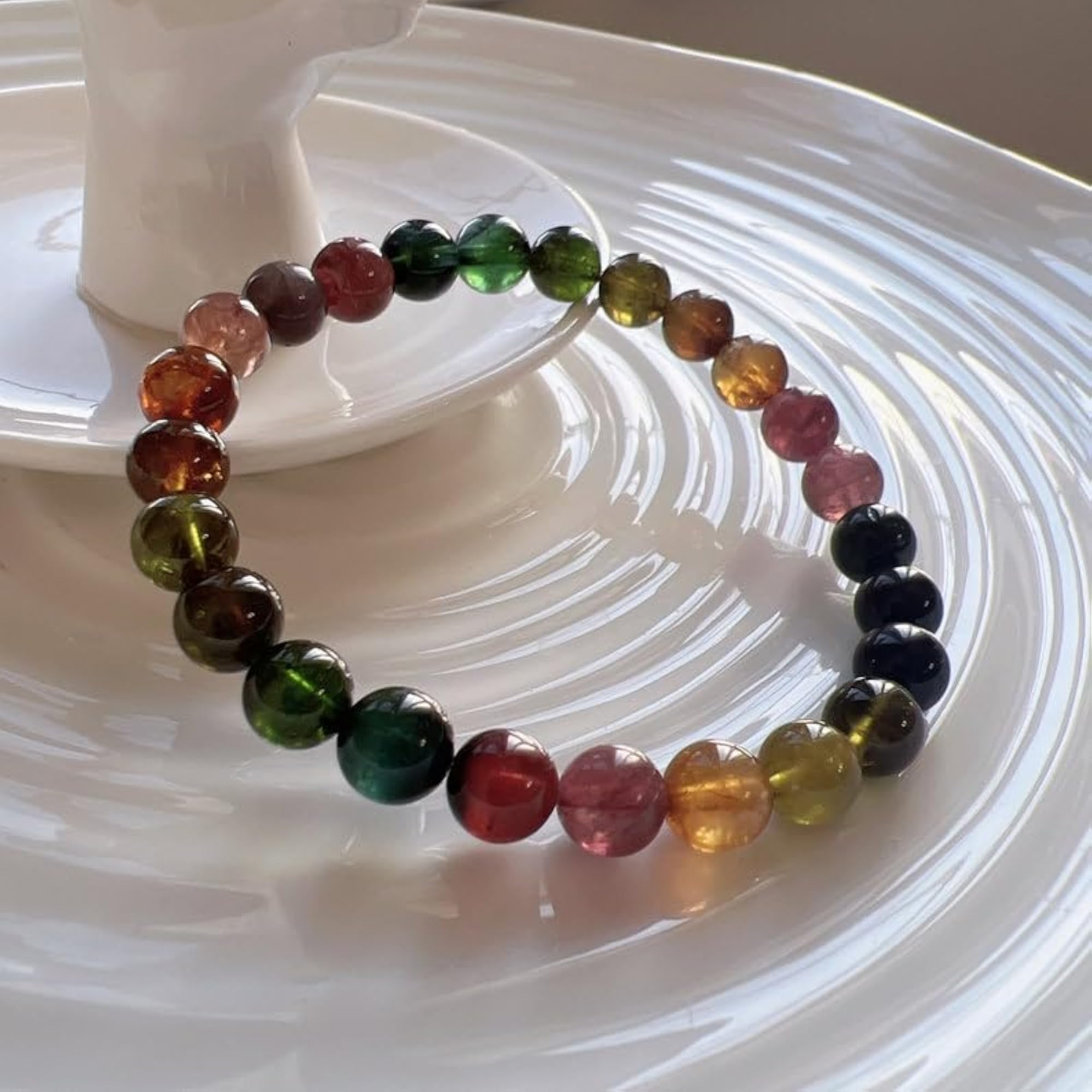 Unisex Natural Rainbow Tourmaline 8mm Smooth Cut Bead Stretch Bracelet