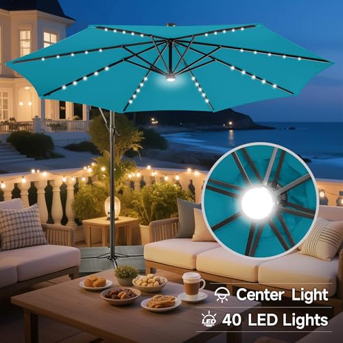 Image of Solar Offset Patio Umbrella - 10 FT Solar Cantilever Umbrella Outdoor with 40 LED Lights and Cross Base, UV Protection for Garden, Deck, Backyard, Pool, Porch, Aqua Blue