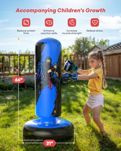 Image of QPAU Punching Bag for Kids, 66 Inch Stable Inflatable Boxing Bag with Boxing Gloves, Stand Kids Punching Bag Toy for Boys & Girls Age 6-12, Boxing Set for Practicing Karate, Taekwondo, MMA