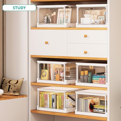 Image of SNSLXH Clear Storage Bins with Lids, Stackable Storage Bins with Magnetic Doors Open Front, Plastic Storage Bins for Living Room, Bedroom, Study Room and Office, 3 Packs, 24QT