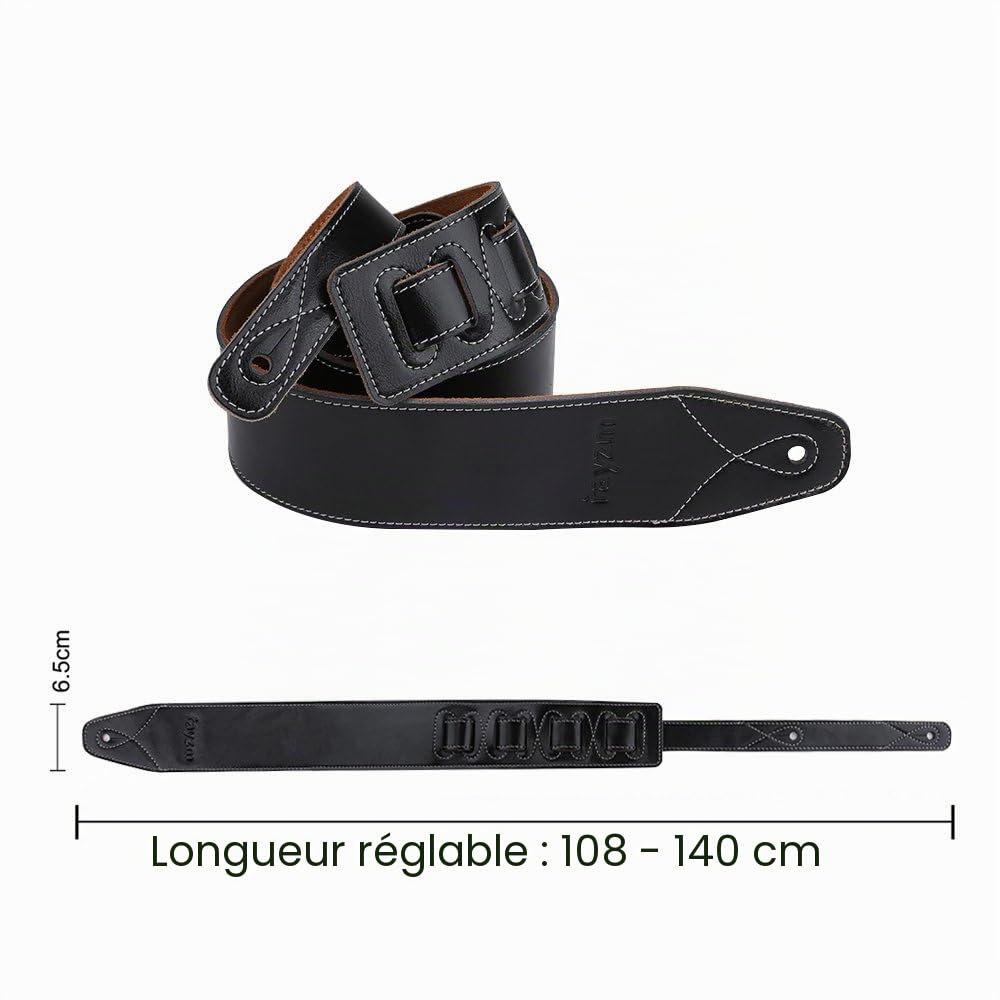 rayzm sangle de guitare et basse en doublure daim, ceinture de qualité en cuir véritable pour guitare acoustique/électrique ou basse. 6,5cm de largeur et longueur réglable de 108 à 140cm