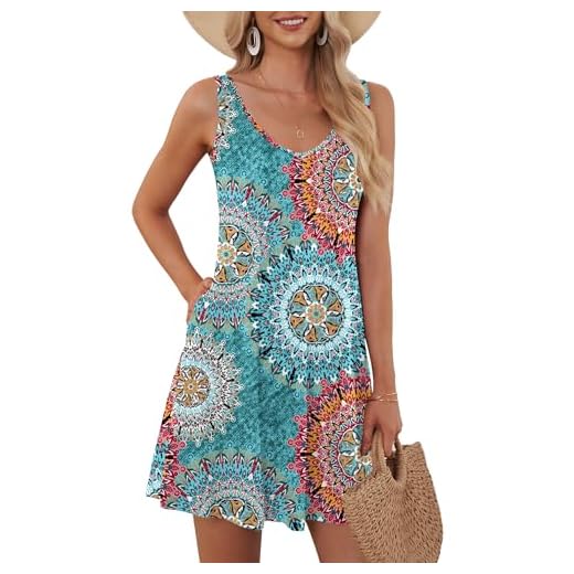 AUSELILY Damen Sommerkleid V-Ausschnitt Strandkleid Ärmellos Swing Kleider mit Taschen Grün Drucken L