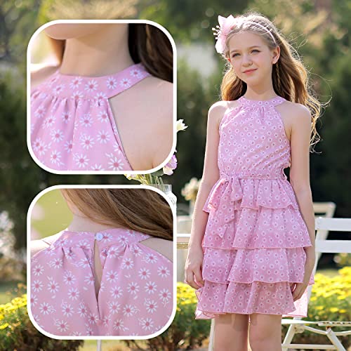 Girls Floral Ruffle Dress Halter Neck Kids Summer Chiffon Dress with Belt3