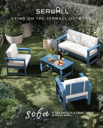 Image of SERWALL HDPE Outdoor Loveseat with Cushion, Outdoor Sectional Furniture Set | All Weather Use Patio Couch Sofa，Blue Frame with Khaki Cushions