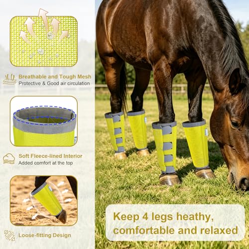 Image of Reflective Horse Fly Boots Set of 4, Loose Fitting Leggings for Horses, Equine Fly Leg Wraps Socks for 4 Legs, Breathable Adjustable and Universal Fit, Reliable Stay Put and on (Yellow)