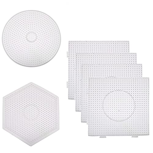 Batino 6Pcs 5mm Fuse Beads Pegboards Craft Tray Set, 4 Pcs Large Square Clear Plastic Fuse Beads Pegboards, 1 Pcs Round and 1 Pcs Hexagon Fuse Beads Pegboard for Kids DIY Art Crafts