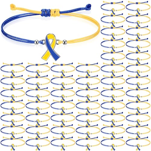80pcs Down Syndrome Awareness Bracelet Adjustable Blue Yellow Ribbon Cord Fan Shaped Band Braided Bracelet Down Syndrome EDS Special Education Gift for Women Men Fighters