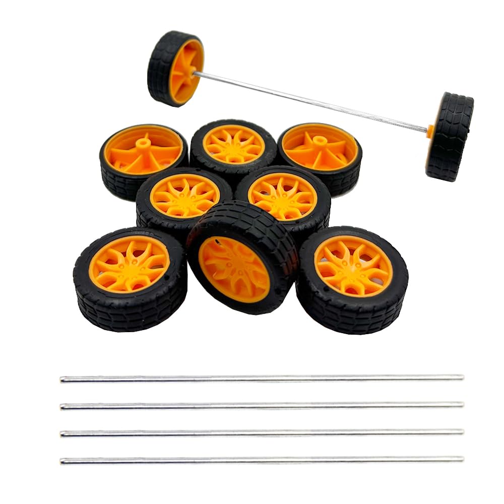 10PCS 2X30MM Toy Car Wheel Rubber Tire Wheel with Shaft Round Axles for RC Car Truck DIY Model Toy Accessories (Yellow)