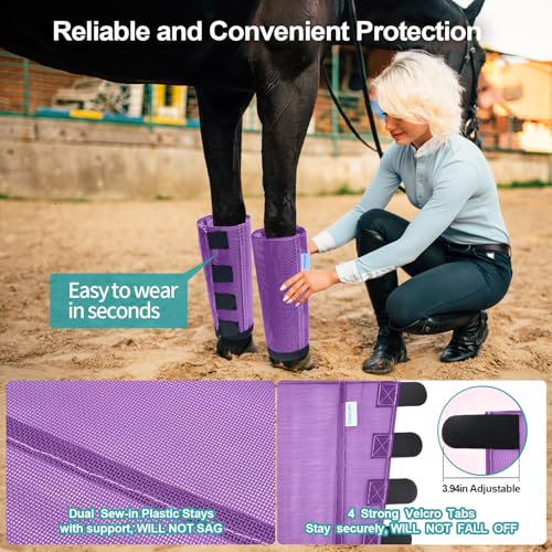 Image of Mesh Horse Fly Boots Set of 4, Loose Fitting Leggings for Horses, Reduce Stressful Stomping, Breathable Adjustable and Universal Fit for 4 Legs, Reliable Stay Put (Purple)