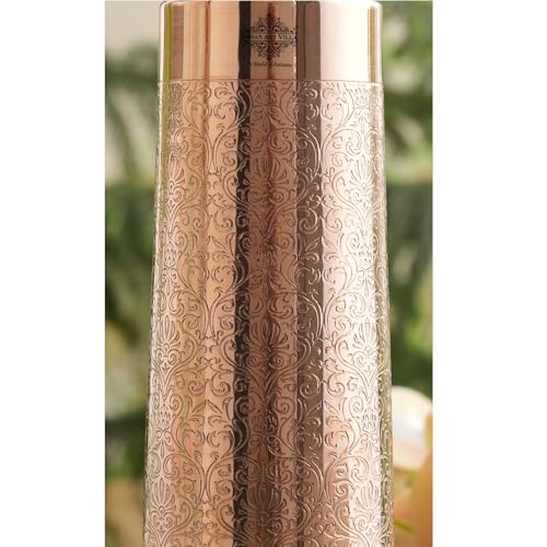 Image of INDIAN ART VILLA Copper Drinkware Pyramid Shape Embossed Design Copper Bottle, 800 ML, Printed Shine Brown