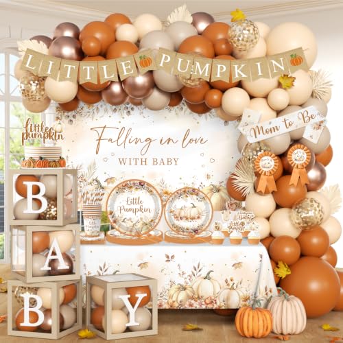 Fall Baby Shower Decorations, Little Pumpkin Baby Shower Decorations with Backdrop Little Pumpkins Plate and Napkins Backdrop Balloon Arch Box for Thanksgiving Fall Baby Shower