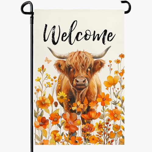 Dacawin Welcome Fall Highland Cow Garden Flag Highland Cow with Flowers Burlap Yard Flag Seasonal Autumn Bull Butterfly House Banner for Farmhouse Rustic Holiday Outdoor Decor 12x18 Inch