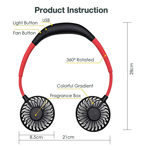 Portable Hanging Neck Sports Fan - Hands Free USB Rechargeable Personal Wearable Neckband Fan Battery Operated with 3 Level Air Flow Headphone Design Cooling (Black-Red)
