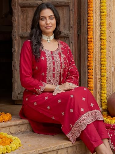 Image of INDO ERA Women's Silk Blend Embroidered Zari Work Kurta & Pant with Dupatta Set