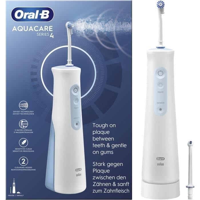 Oral-B AquaCare 4 kablosuz ağız duşu, yumuşak diş temizliği ve daha sağlıklı diş etleri için diş ara temizleyici, Oxyjet teknolojisi, 2 diş bakımı modu, beyaz/mavi