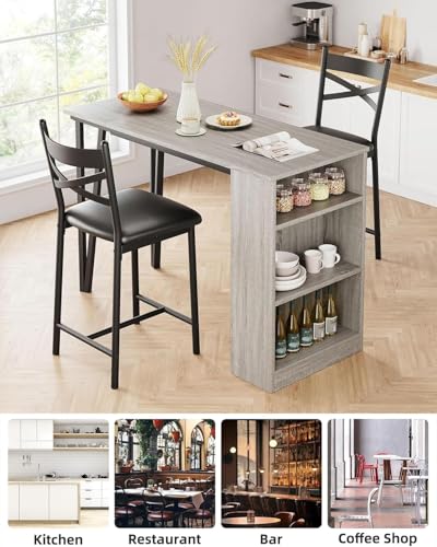 Garvee Bar Table and Chairs Set, 3 Piece Bar Table Set with with Flip Top Extension and Storage Shelves, Dining Table Set for 2, Suitable for Small Space Kitchen Apartment, Grey