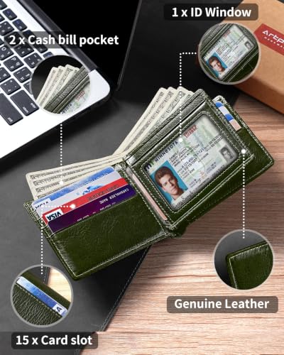 Image of Artpaxy Mens Wallet Bifold Genuine Leather RFID Blocking Wallet for Men with 1 ID Window 15 Card Holders 2 cash pockets 1 Gift Box