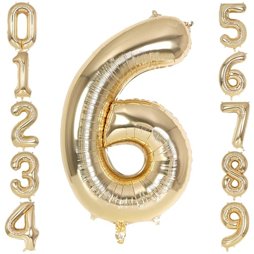 Champagne Gold Large Number 6 Balloon, 40 Inch Light Gold Foil Helium Number Balloons, Giant Mylar Number 6 Balloons for 6 Years Old Birthday Party Anniversary Decorations