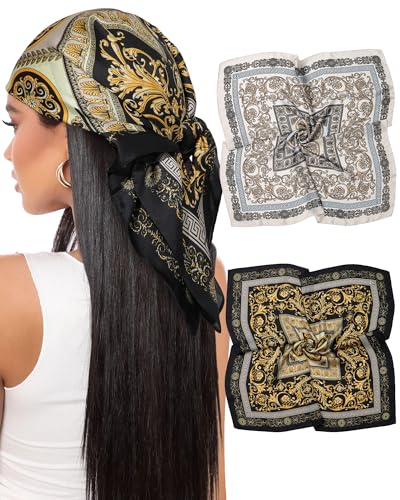 AWAYTR 27.5” Satin Head Scarf for Women Like Silk Scarf Hair Bandanas Women 2Pcs Satin Neck Scarf Headscarf Hair Wrap