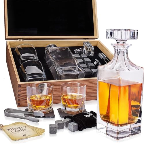 Whiskey Decanter Gift Set by Royal Reserve – Liquor Bourbon Decanter 24 oz 750 ml with Glasses, Chilling Stones, Coasters and Tong – Whiskey Gifts for Men, Husband, Dad, Boyfriend