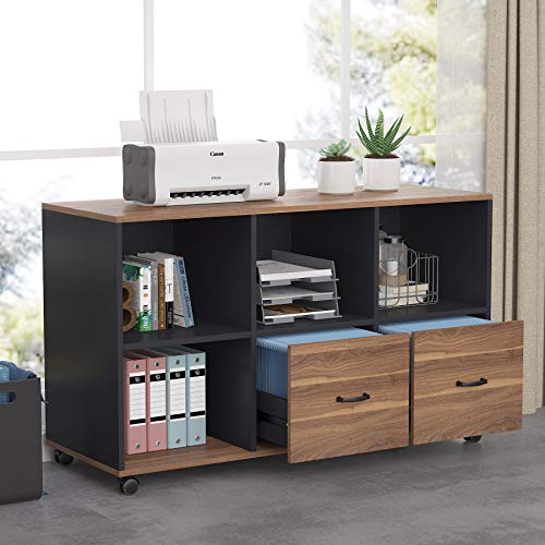 Tribesigns 2 Drawers Lateral File Cabinets, Home Office 43-inch Mobile Wood Cabinet Credenza Printer Stand with Wheels and Open Storage Shelves,Drawers for Letter Size (Walnut)