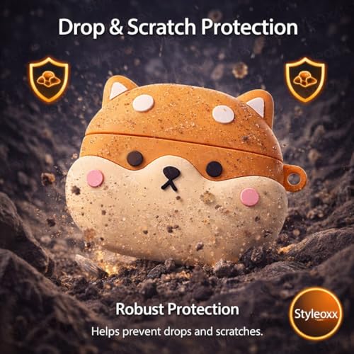 Image of Anvique Silicone Case Cover for Realme Buds T500 Pro, Shockproof Protective Earbuds Cover with Keychain Hook, Anti-Scratch Soft Silicone Skin, Full Body Protection Case (Cartoon ShibaDog R)