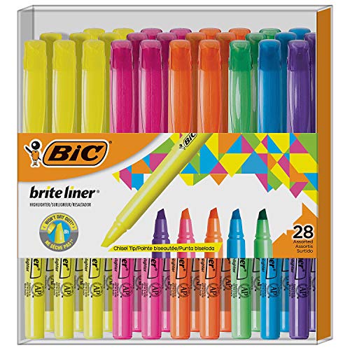 BIC Brite Liner Highlighter, Chisel Tip, Assorted Colors, 28 Count