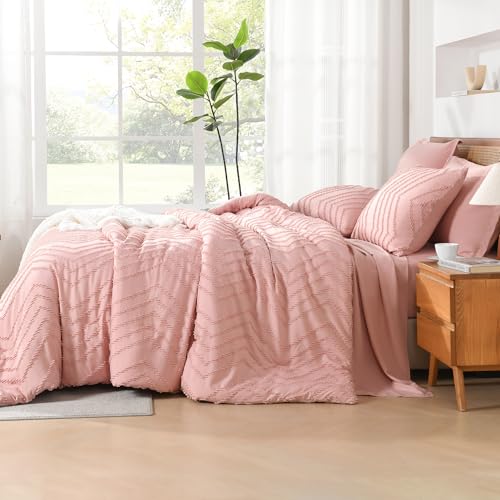 Image of Litanika Blush Pink Full Size Comforter Set with Sheets - 7 Pieces Bed in a Bag Full Boho Tufted Complete Bedding Sets with Comforter, Sheets, Pillowcases & Shams