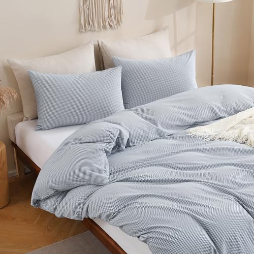 Image of TOCOMOA Mini Gingham Blue Duvet Cover Bedding Set 100% Washed Cotton Like Linen Feel Super Soft Comfortable 3 Piece Small Plaid Checkered Comforter Cover Set (King 104 inchx90 inch, Comforter Not Included)