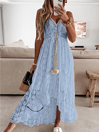 Image of CUPSHE Womens Lace Summer Maxi Dresses 2026 Beach Wear | V Neck Spaghetti Straps Sundress, Tassel, Boho Pom Poms, Flowy Vacation Outfits, Resort Wear, Graduation Wedding Guest Looks