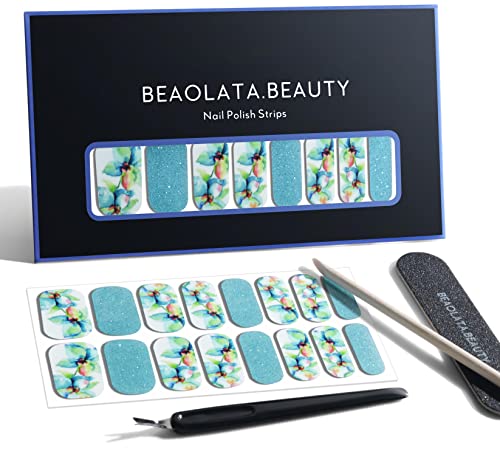 BEAOLATA Nail Polish Strips, 32 Nail Wraps, Nail Stickers, Nail Strips, Easy Apply& Remove, Long Lasting, Safe for Nails, Salon Quality(Flowers &Lime Glitter 01)