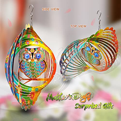 Image of FONMY Wind Spinner Mandala Owl 12 inch 3D Stainless Steel Laser Cut Metal Art Geometric Pattern Hanging Wind Spinner, Kinetic Yard Art Decorations - Indoor /Outdoor Decor