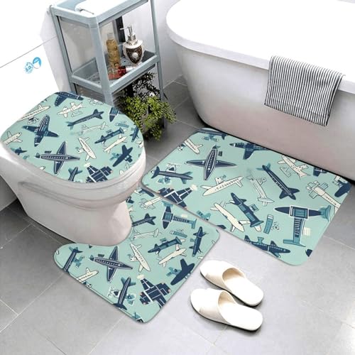 Dwrepo Airplane Print Bathroom Rug Set 3 Piece with Non-Slip U-Shaped Contour Mat and Toilet Lid Cover for Bathroom Decoration