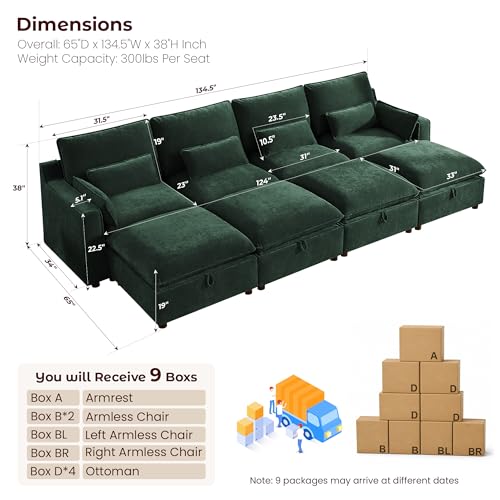 Image of WorthFurni Modern Modular Sectional Sofa,134 inch Sleeper Sofa Bed Sectional Cloud Couch with Storage Ottoman,Comfty 8 Seat Sofa for Living Room,Green Chenille