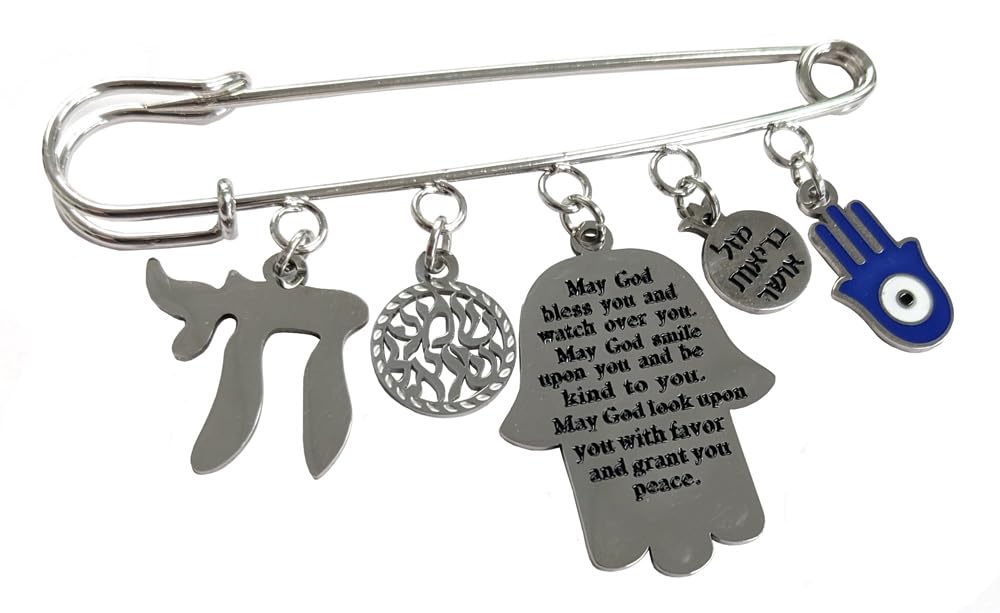 Jewish Baby Boy Safety Pin - Hamsa with Blessing - Shema Yisrael - Chai - Pomegranate - Luck Health Happiness - Judaica Newborn Gift - Hear O Israel