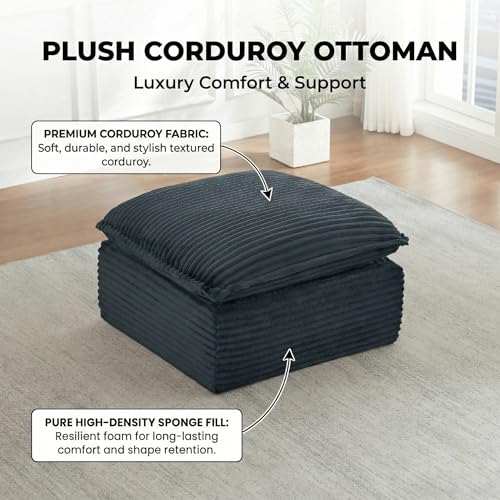 Image of Corduroy Ottoman for Living Room Bedroom, Soft Memory Foam Footstool, Boneless Extra Seating & Coffee Table (No Assembly)