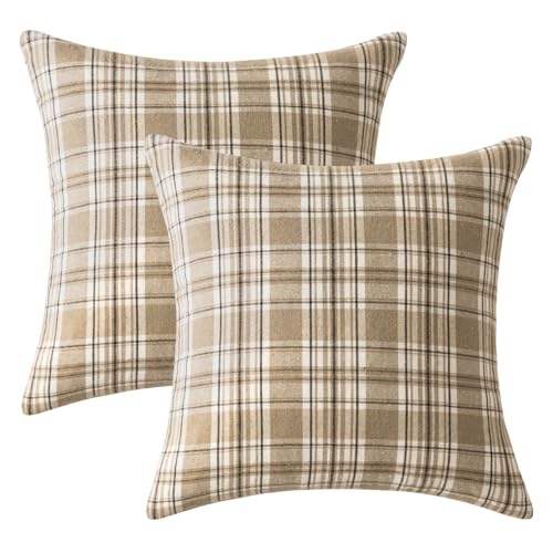 Image of MIULEE Fall Plaid Pillow Covers Scottish Tartan 18x18 Neutral Khaki | Set of 2 Fall Decorations Cushion Covers, Farmhouse Winter Home Decor, for Thanksgiving Sofa Couch Bed Living Room